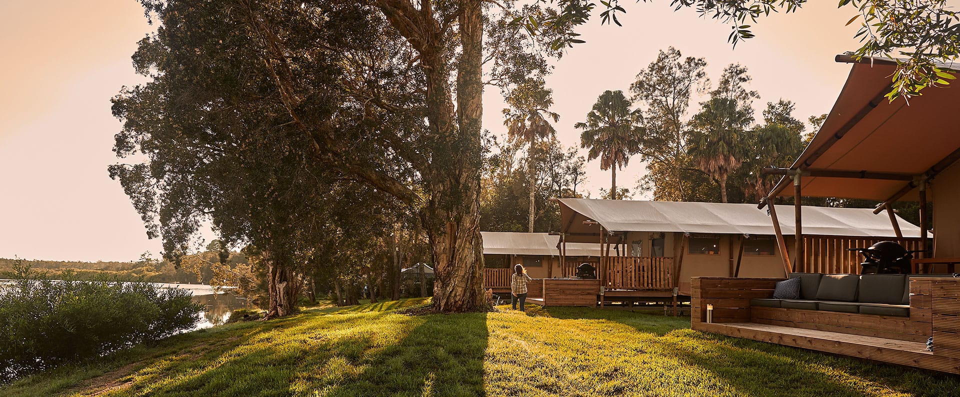 Myall River Camp Hawks Nest, luxury glamping experience nsw, safari-style glamping tents, riverfront location on the Myall River