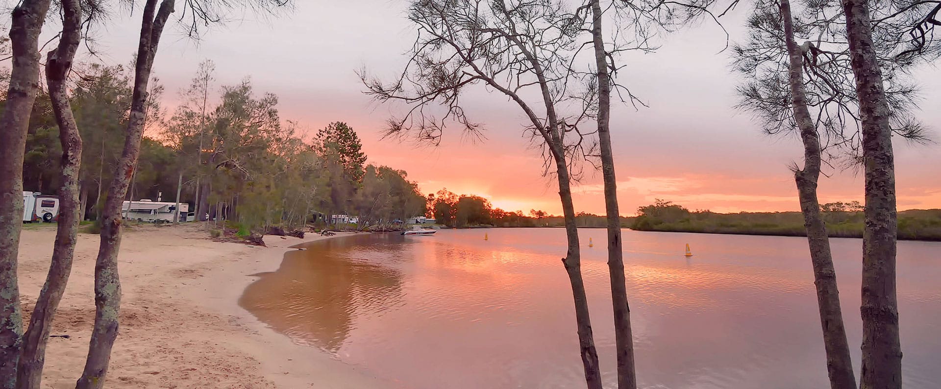 Myall River Camp, Hawks Nest, NSW Mid North Coast, glamping tents, tiny houses, campsites, sunset