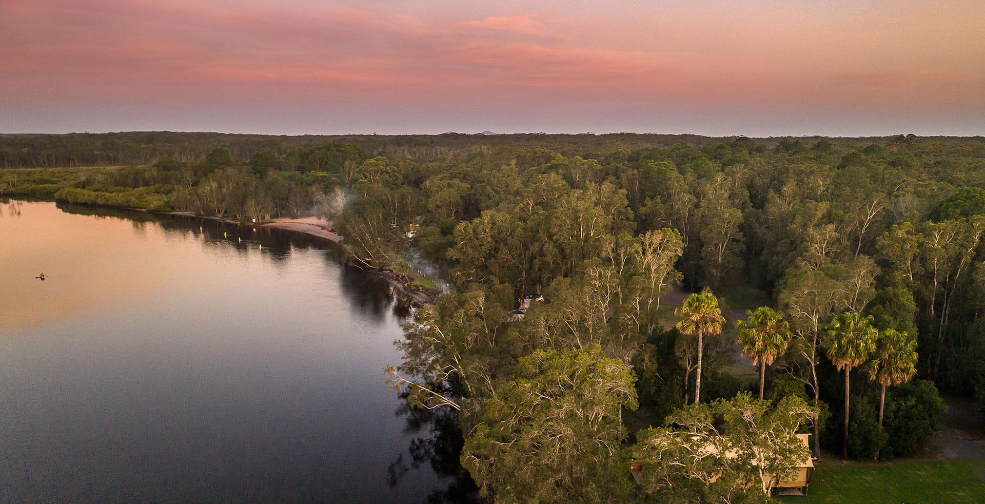 sunset at Myall River Camp | Connect with Nature, Hawks Nest, NSW Mid North Coast, glamping tents, tiny houses, campsites