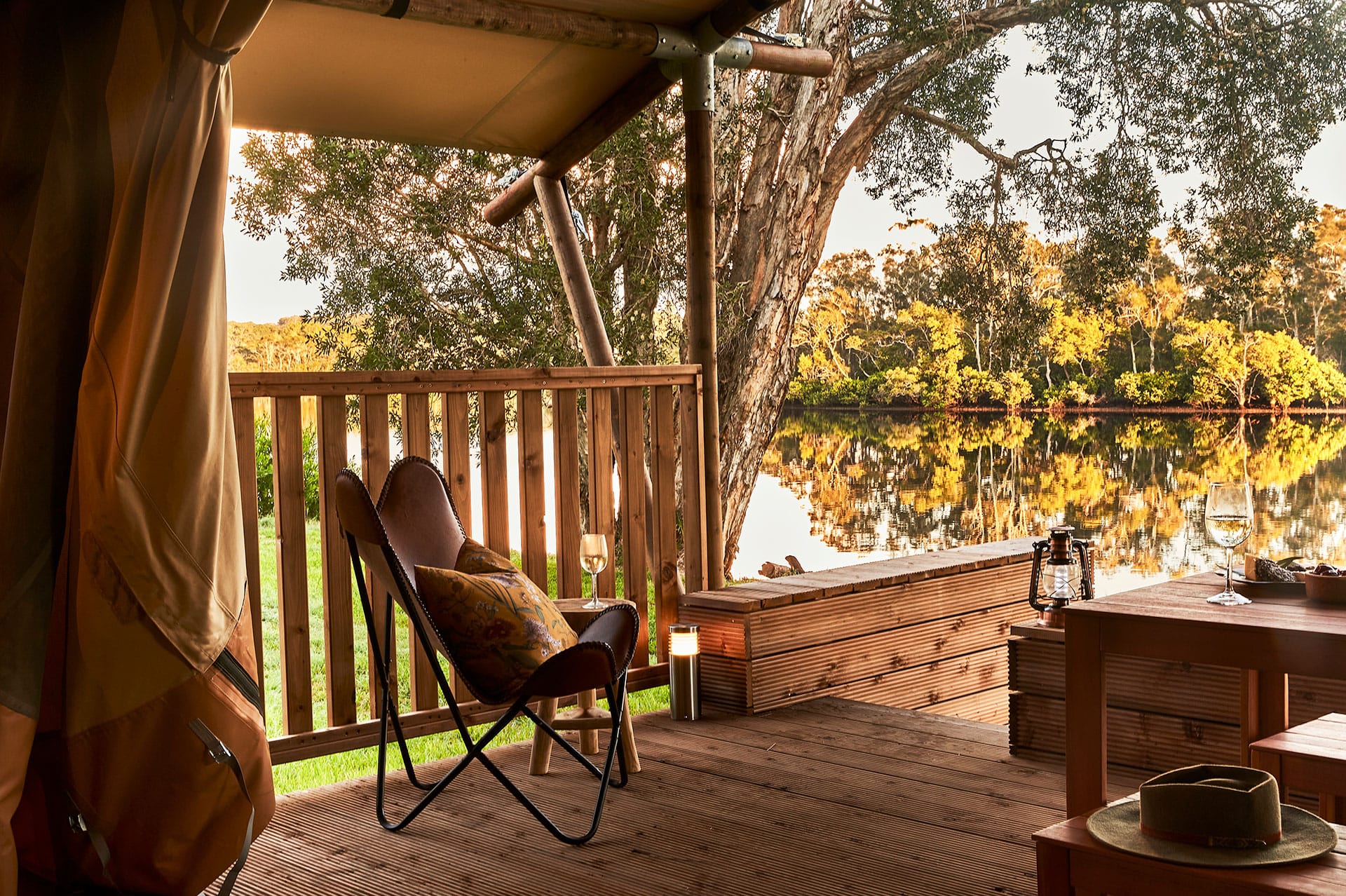 Myall River Camp Hawks Nest, luxury glamping experience nsw, safari-style glamping tents, riverfront location on the Myall River