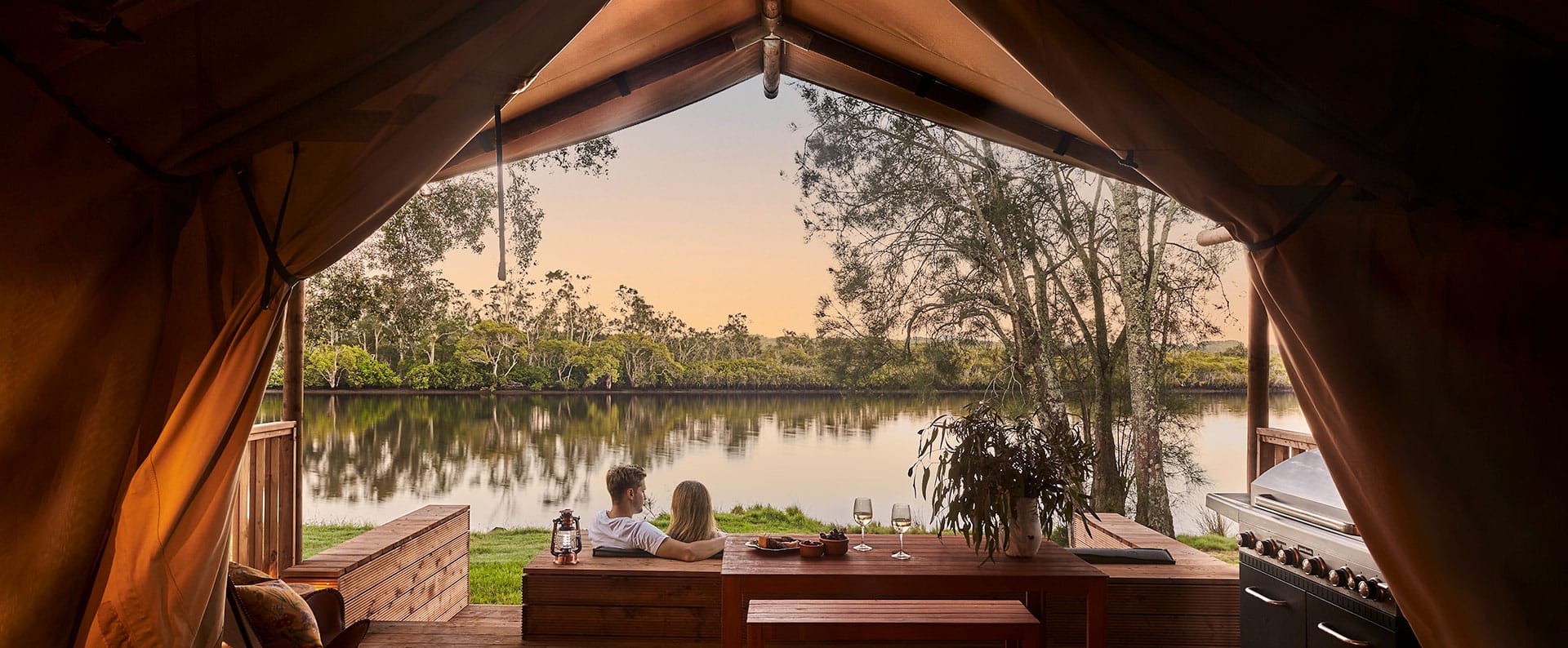 Myall River Camp Hawks Nest, luxury glamping experience nsw, safari-style glamping tents, sunken lounge overlooking the river