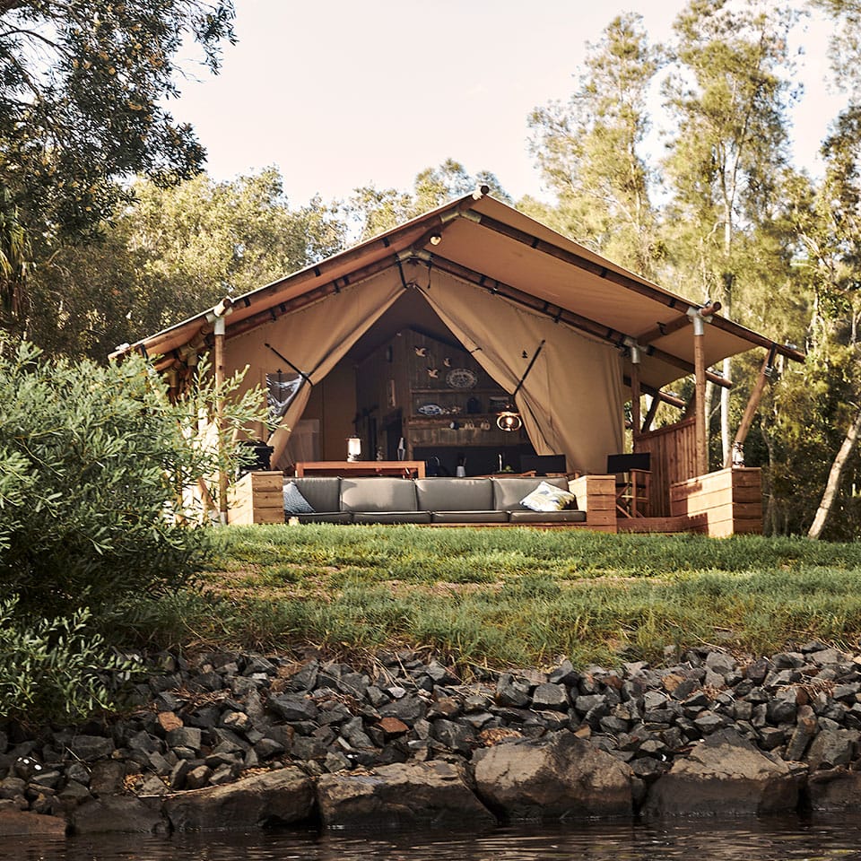 Reviews Myall River Camp Hawks Nest, luxury glamping experience nsw, safari-style glamping tents, riverfront location on the Myall River