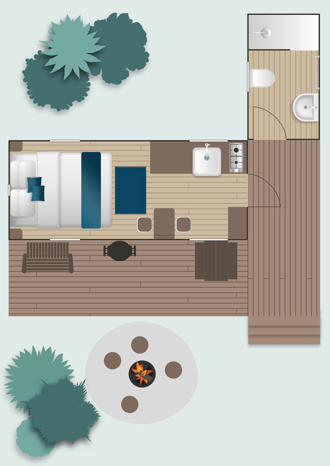Myall River Camp Hawks Nest, rustic tiny houses on wheels, private bush setting, floor plan Bower