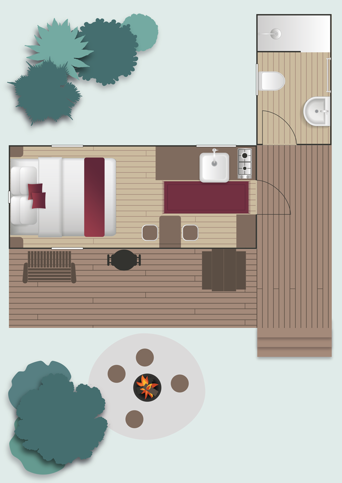 Myall River Camp Hawks Nest, rustic tiny houses on wheels, private bush setting, floor plan Cockatoo